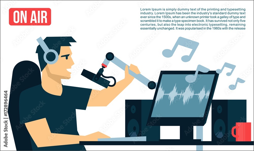 Radio Dj On Air in radio studio playing the music song Broadcasts cool flat  design illustration Stock Vector | Adobe Stock