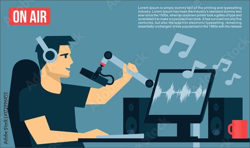 Radio Dj On Air in radio studio playing the music song Broadcasts cool flat design illustration