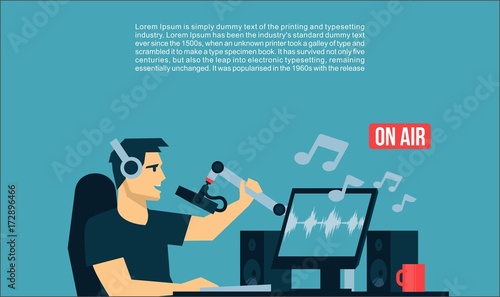 Radio Dj On Air in radio studio playing the music song Broadcasts cool flat design illustration