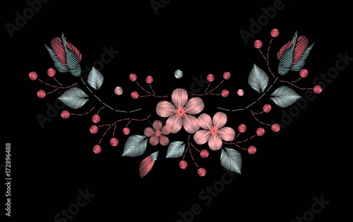 Embroidery stitches with wild flowers, spring flowers, grass, branches pastel, bright colors. Fashion vector ornament, black background for fabric, textiles, garments, traditional folk flower design.