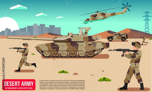 Army military vehicles in a battle in a desert with a tank and helicopter and troops