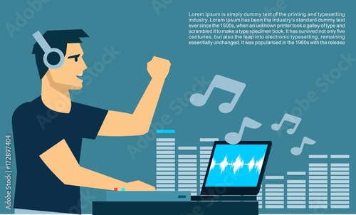 Dj man on turntable playing dj set flat vector design illustration