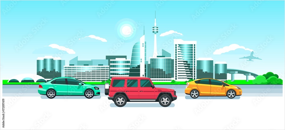 Cars on the city panorama. Seaside sunrise or sunset, a picturesque landscape with modern snowy buildings, tv tower, jet & multicolored cars on the background sun & clouds. Glass skyscrapers resort