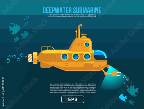 Submarine under water vector flat illustration, banner. poster or flyer cover/ Also as template cartoon move motion design