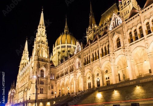 Parliament building by night in Budapest, Hungary
