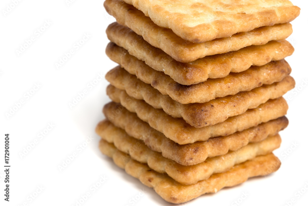 Close up stacked sugar crackers biscuit on white background Close up stacked sugar crackers biscuit on white background