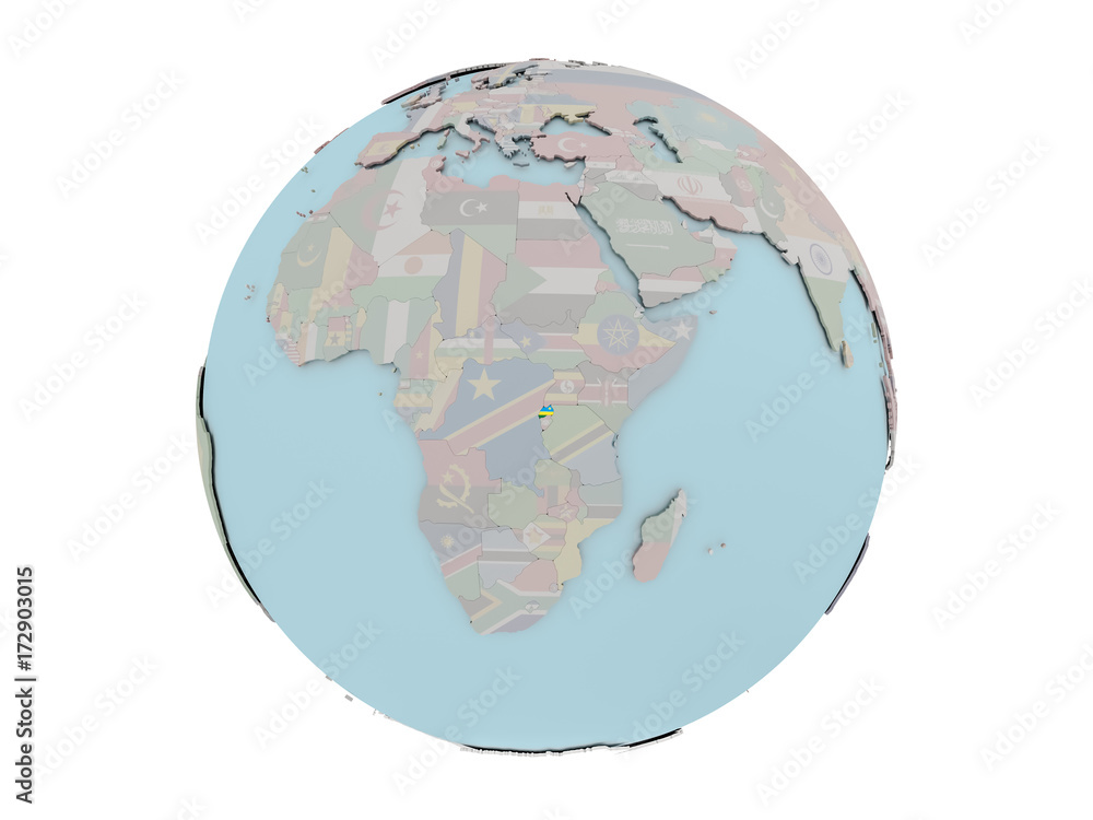 Obraz premium Rwanda with flag on globe