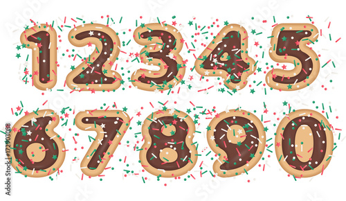 vector illustration of rounded numeral sign with bakery cookie and sprinkles topping stars, dots and lines
