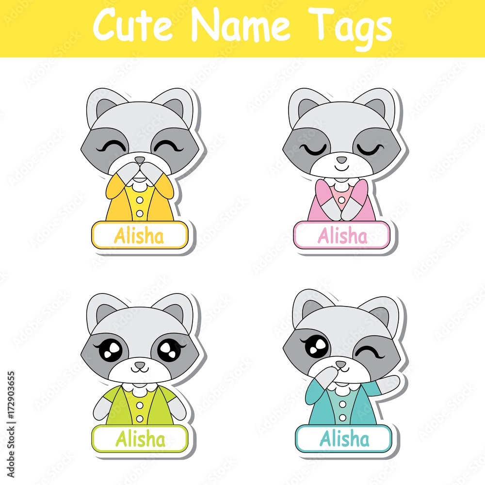 Vector cartoon illustration with colorful cute raccoon girls suitable for  kid name tag set design, label name, and printable sticker set Stock Vector  | Adobe Stock