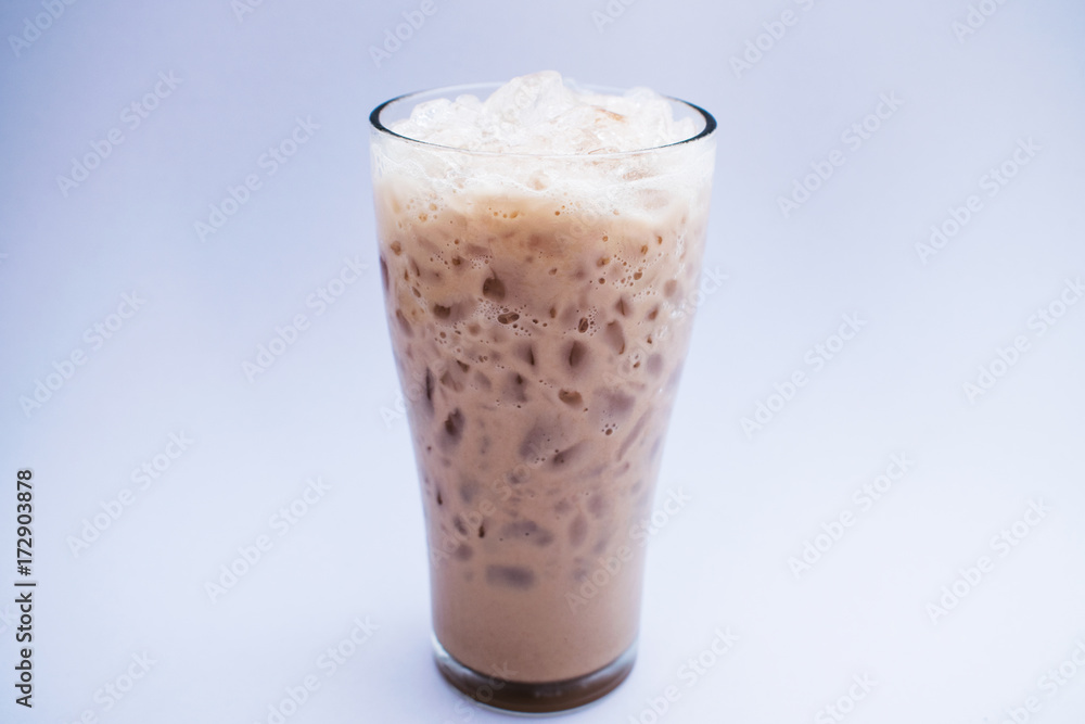 Iced chocolate milk with white background. Iced chocolate milk with white background.