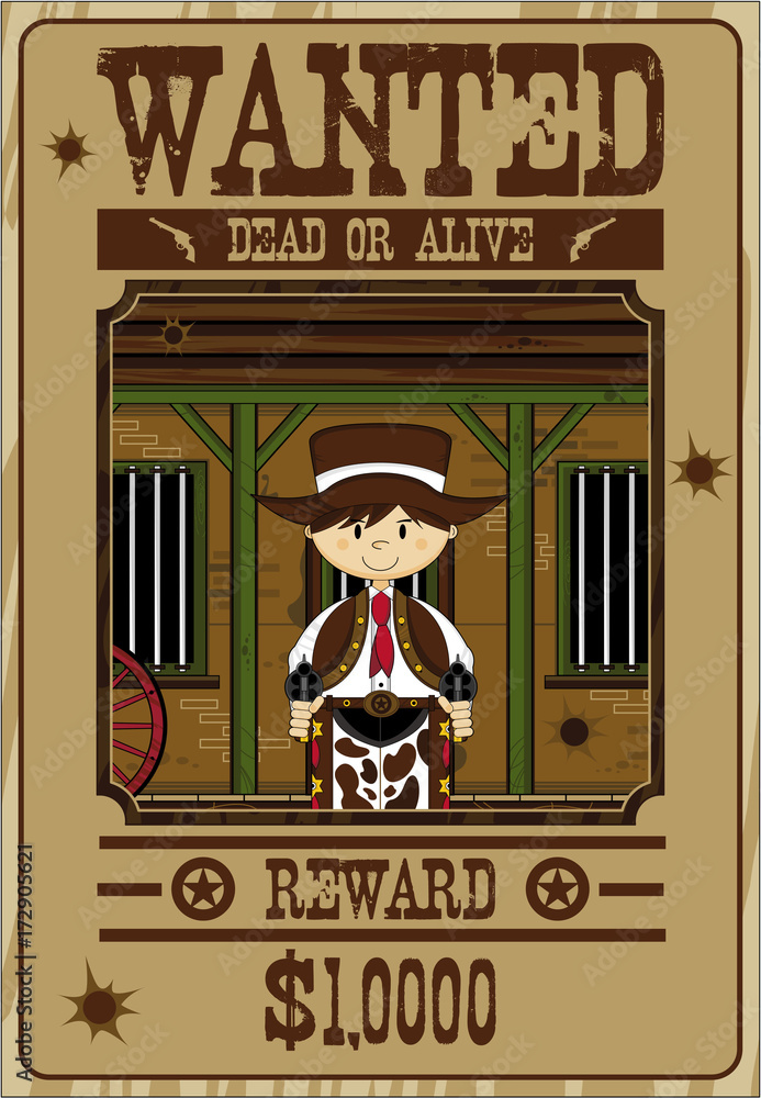 Obraz premium Cute Cartoon Wild West Cowboy Wanted Poster