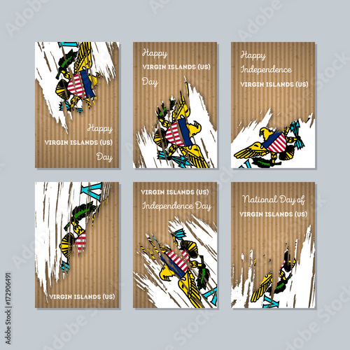 Virgin Islands (US) Patriotic Cards for National Day. Expressive Brush Stroke in National Flag Colors on kraft paper background. Virgin Islands (US) Patriotic Vector Greeting Card.