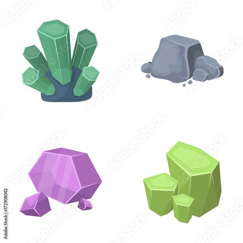 Crystals, iron ore. Precious minerals and a jeweler set collection icons in cartoon style vector symbol stock illustration web.