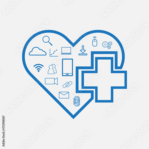 Health Technology (HealthTech) - cross with heart  with tech icon inside