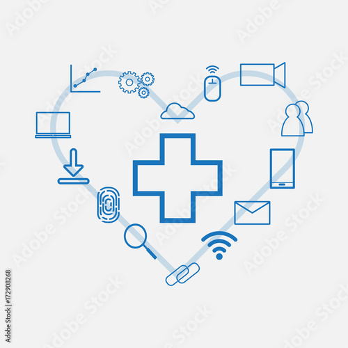 Health Technology (HealthTech) - Cross around with tech icon as heart sign
