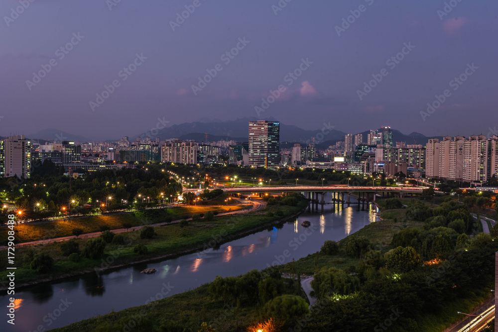 seoul city night view , south korea , skyline by long exposure 