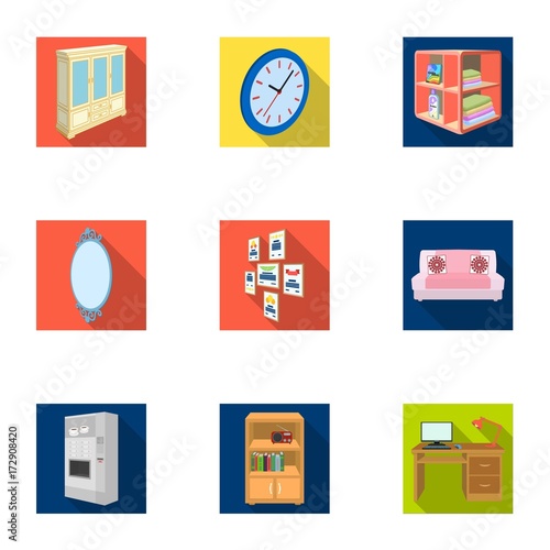 Coffee maker, sofa, mirror, table service in the restaurant and other web icon in flat style isometric. Interior and office furniture icons in set collection.
