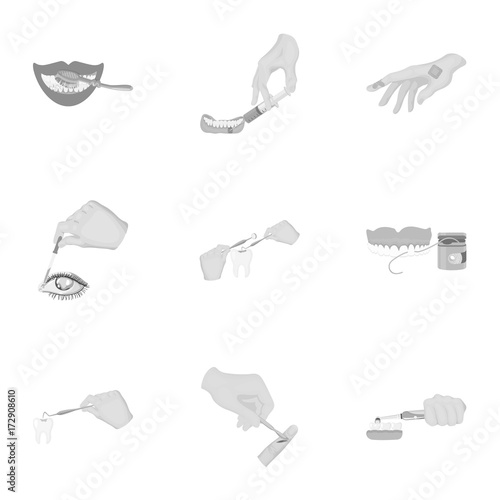 Anesthetic injection, examination of the tooth and other web icon in monochrome style. wound treatment, vision check icons in set collection.