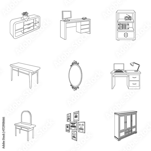 Coffee maker, sofa, mirror, table service in the restaurant and other web icon in outline style isometric. Interior and office furniture icons in set collection.