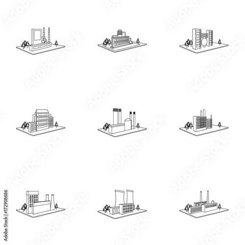 Processing factory,metallurgical plant and other production. Factory and industry set collection icons in outline style isometric vector symbol stock illustration web.