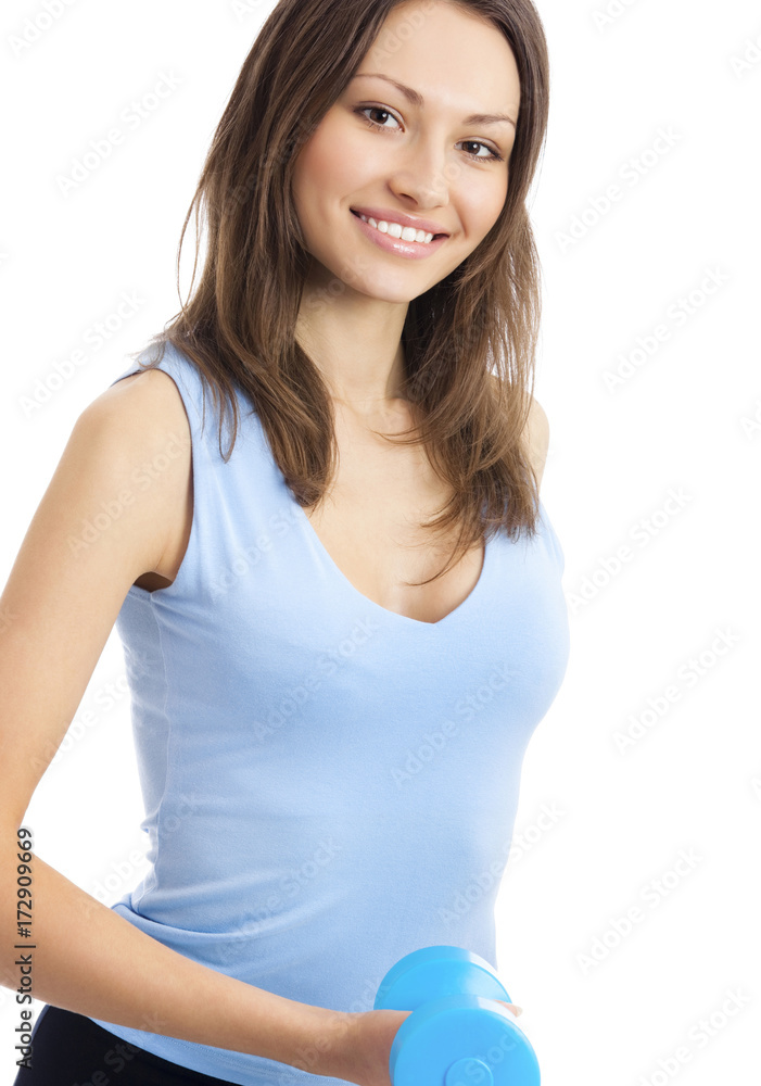Young woman exercising with dumbbell, isolated Young woman exercising with dumbbell, isolated