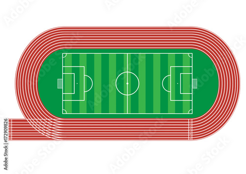 Top view of running track and soccer field on white background Vector illustration