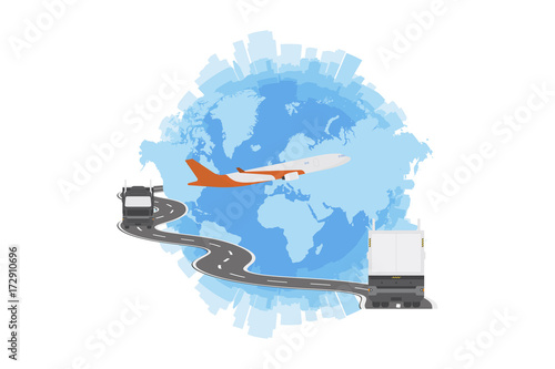 Logistic concept with big truck and world map. Flat vector illustration EPS 10