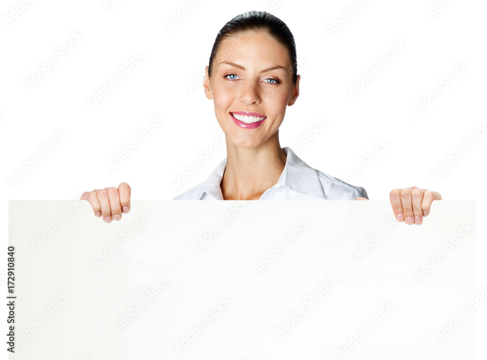 Cheerful business woman showing blank signboard, over white Cheerful business woman showing blank signboard, over white