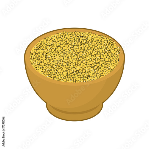 Millet in wooden bowl isolated. Groats in wood dish. Grain on white background. Vector illustration