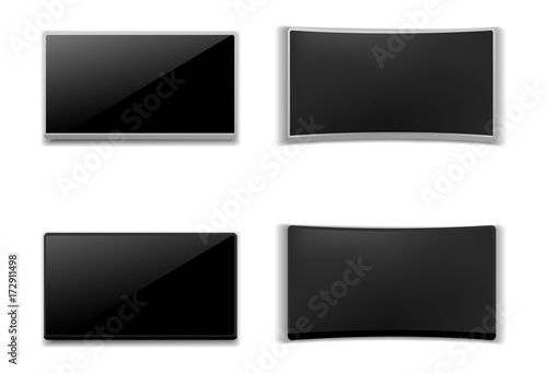 Set of realistic 3D TV screen. Modern stylish lcd panel, led type. Large computer monitor display mockup. Blank television template. On isolated white background.Vector illustration