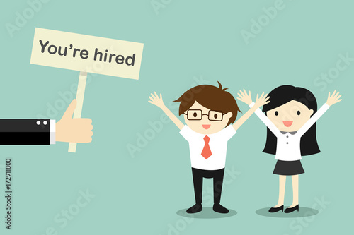 Business concept, Hand holding banner 'You're hired' to businessman and business woman. Vector illustration.