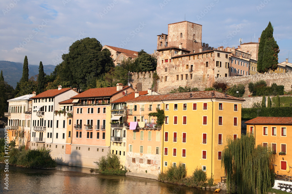 historic centre of Bassano del Grappa on riverside of Italy