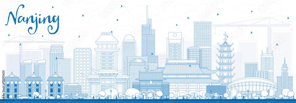 Outline Nanjing China Skyline with Blue Buildings.