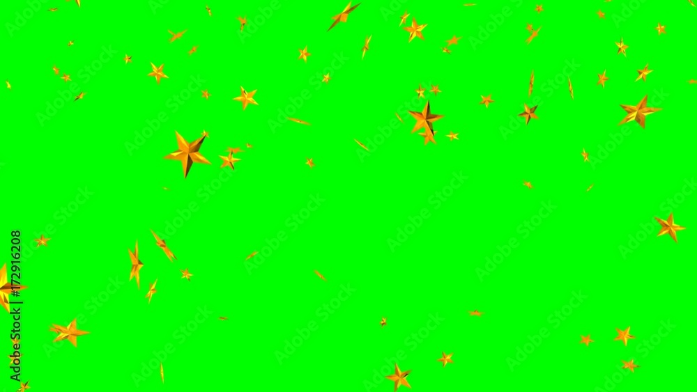Animated falling and spinning golden stars against green background. Flat surface and sharp edges. Animated falling and spinning golden stars against green background. Flat surface and sharp edges.