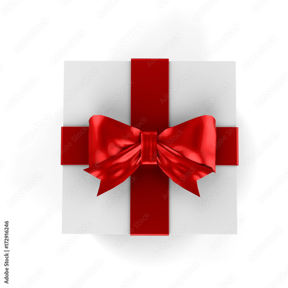 Christmas Gift Box, White Box With Red Ribbon And Red Bow, 3D Illustration Christmas Gift Box, White Box With Red Ribbon And Red Bow, 3D Illustration