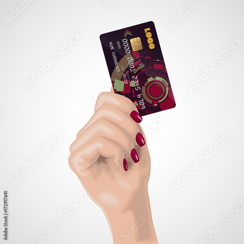 Realistic female hand holds the credit card. Vector illustration. Image for advertizing in the financial sphere and the bank sphere.