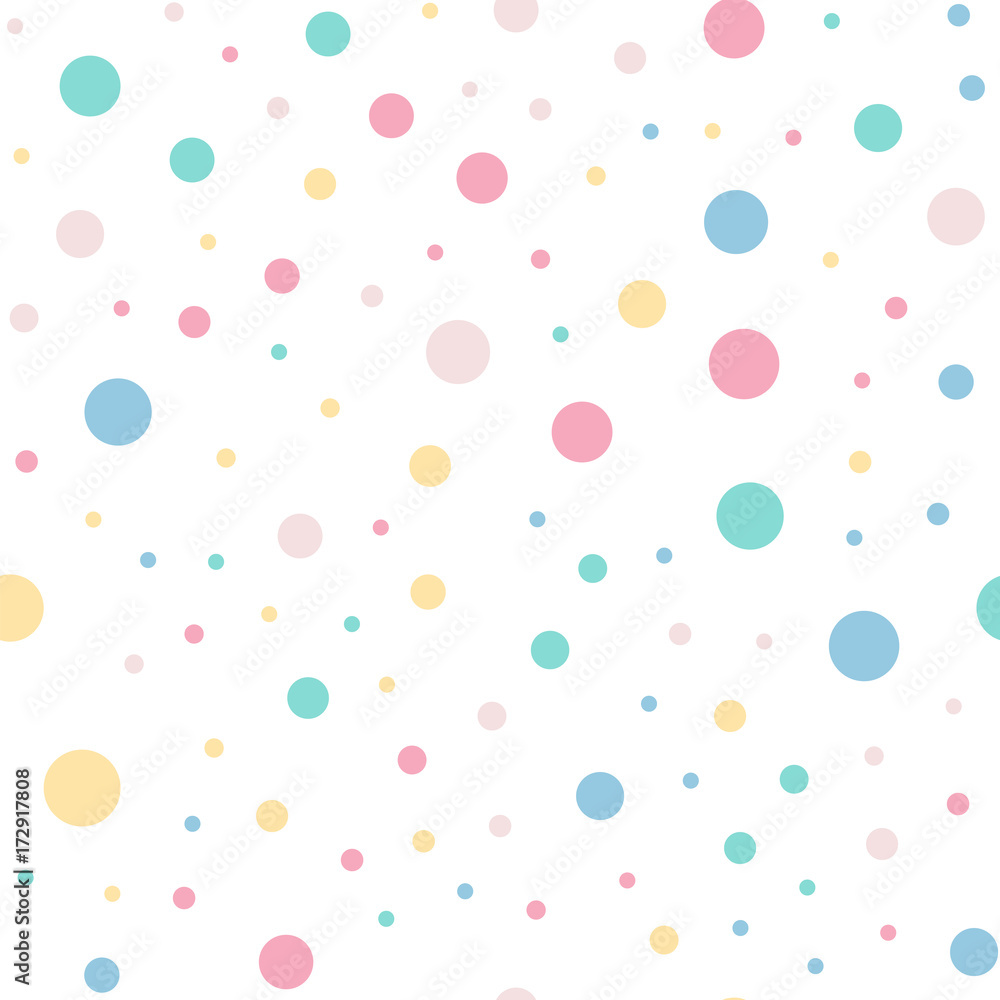 Colorful polka dots seamless pattern on white 9 background. Gorgeous classic colorful polka dots textile pattern. Seamless scattered confetti fall chaotic decor. Abstract vector illustration.