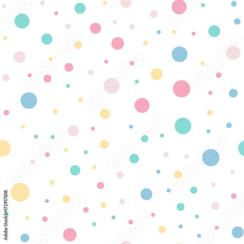 Colorful polka dots seamless pattern on white 9 background. Gorgeous classic colorful polka dots textile pattern. Seamless scattered confetti fall chaotic decor. Abstract vector illustration.
