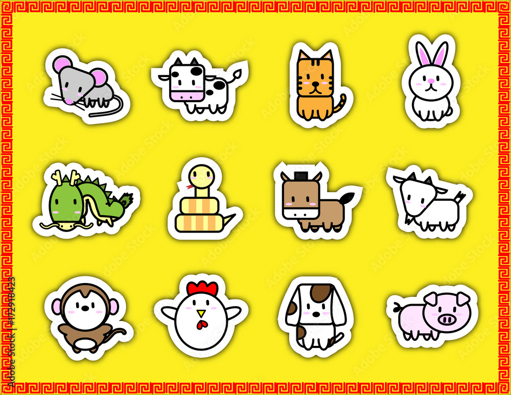 Cute cartoon animal sign symbol of Chinese zodiac year in sticker icon on yellow background with Chinese symbol border for vector graphic design concept Cute cartoon animal sign symbol of Chinese zodiac year in sticker icon on yellow background with Chinese symbol border for vector graphic design concept