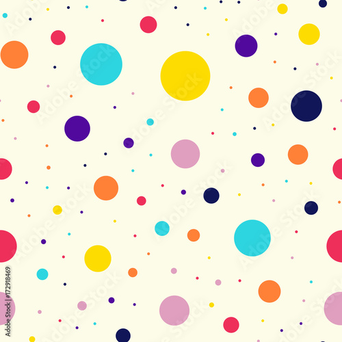 Memphis style polka dots seamless pattern on milk background. Magnetic modern memphis polka dots creative pattern. Bright scattered confetti fall chaotic decor. Vector illustration.