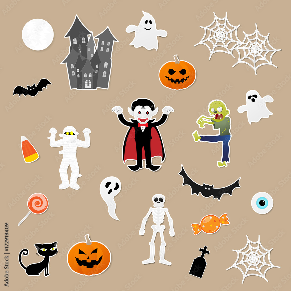 Set of characters in cartoon style with pumpkin, dracula, skeleton, mummy, zombie, black cat, bat, castle, ghost and elements of halloween festival on paper background. Vector illustration.