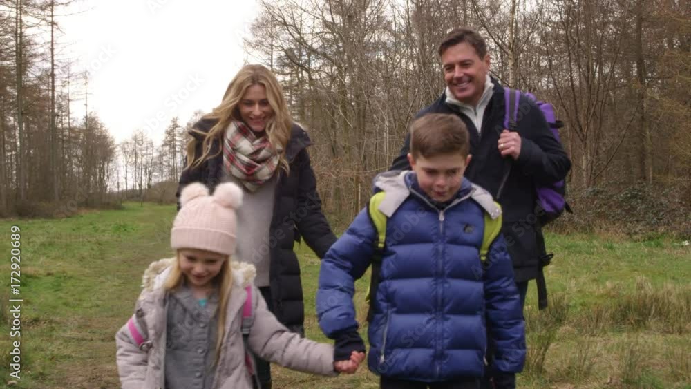 Family walking in woods towards tracking handheld camera, shot on R3D Family walking in woods towards tracking handheld camera, shot on R3D