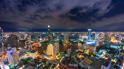 Wallpaper Mural Aerial Bangkok Night Cityscape Riverside Chao Phraya River Of Thailand 4K Time Lapse (pan down) Torontodigital.ca