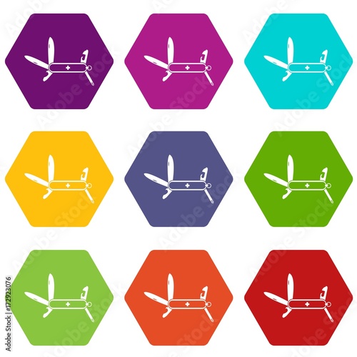 Swiss multipurpose knife icon set color hexahedron