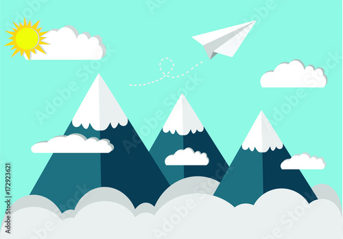 Paper plane fly on the sky top of the mountain
