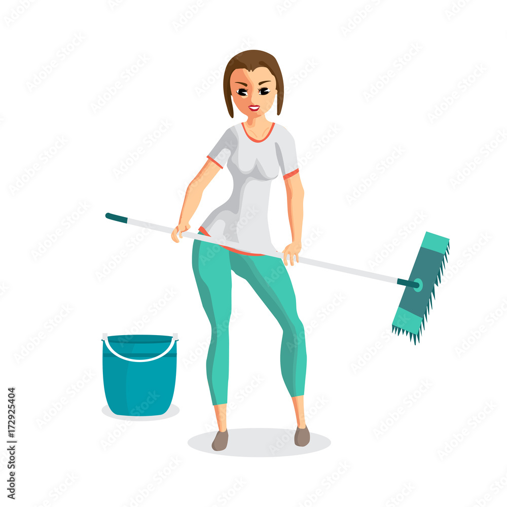 Young woman housewife washes a floor mop. Girl doing domestic wo Young woman housewife washes a floor mop. Girl doing domestic wo
