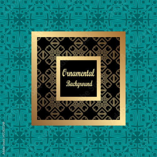 Vintage pattern on colored background with golden ornamental frame