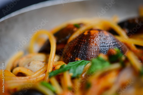 italian pasta close up - carbonara, sea food, bolognese