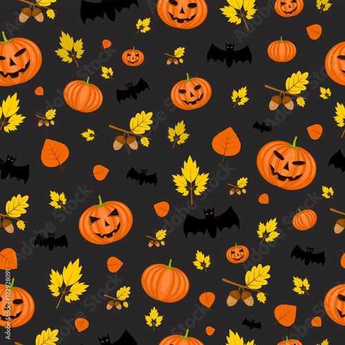 Halloween seamless texture with pumpkins, leaves and bats