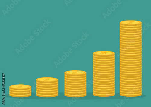 Gold coin stacks icon in shape of diagram. Dollar sign symbol. Cash money. Going up graph. Income and profits. Growing business concept. Isolated. Green background. Flat design.